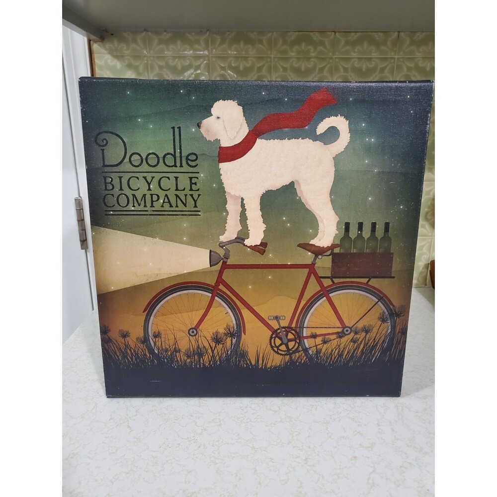 White Doodle on Bike Christmas by Ryan Fowler Canvas Wall Art 14"x14"